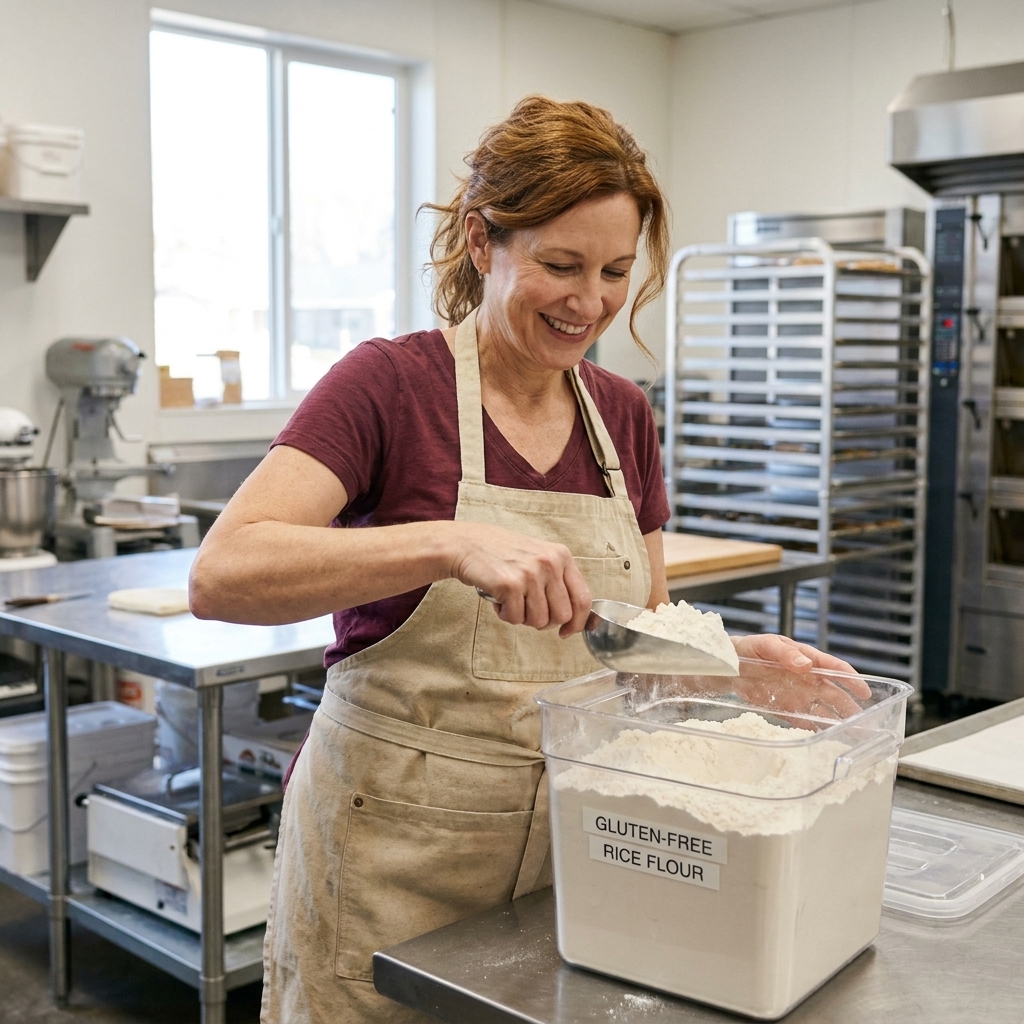 A baker in an apron scooping gluten-free flour from labeled containers on a clean stainless-steel prep table in a commercial bakery kitchen