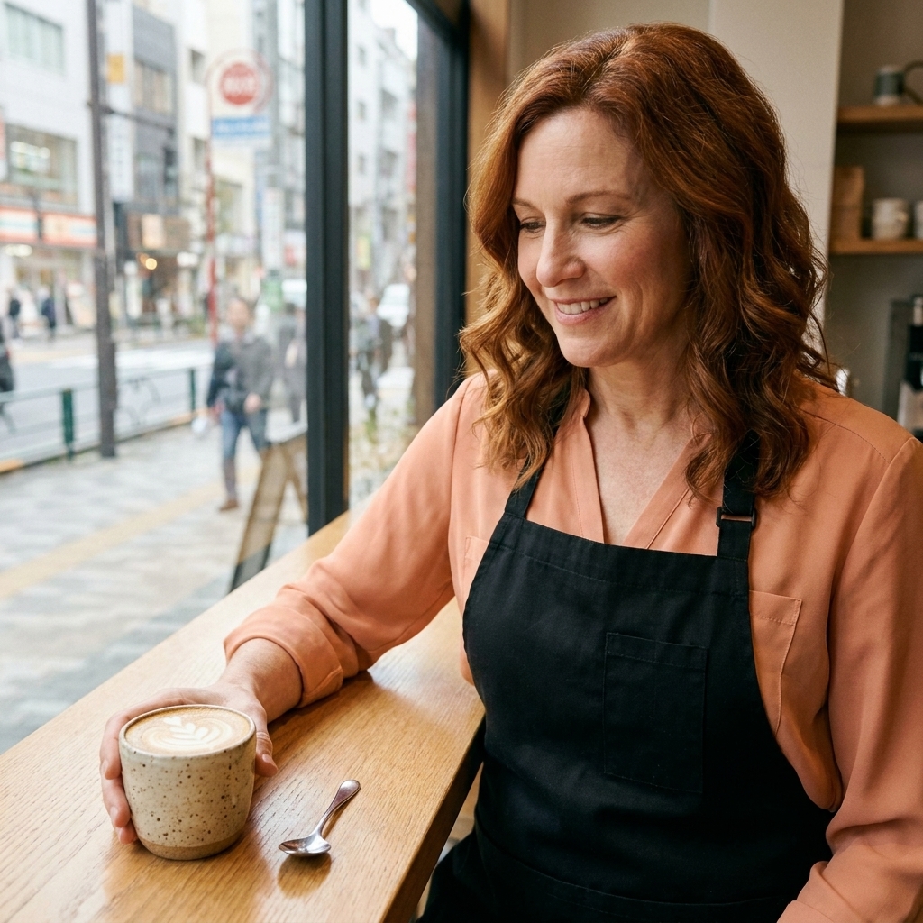A barista in a Tokyo cafe setting down a ceramic cup of oat milk latte on a wooden counter with a small spoon beside it