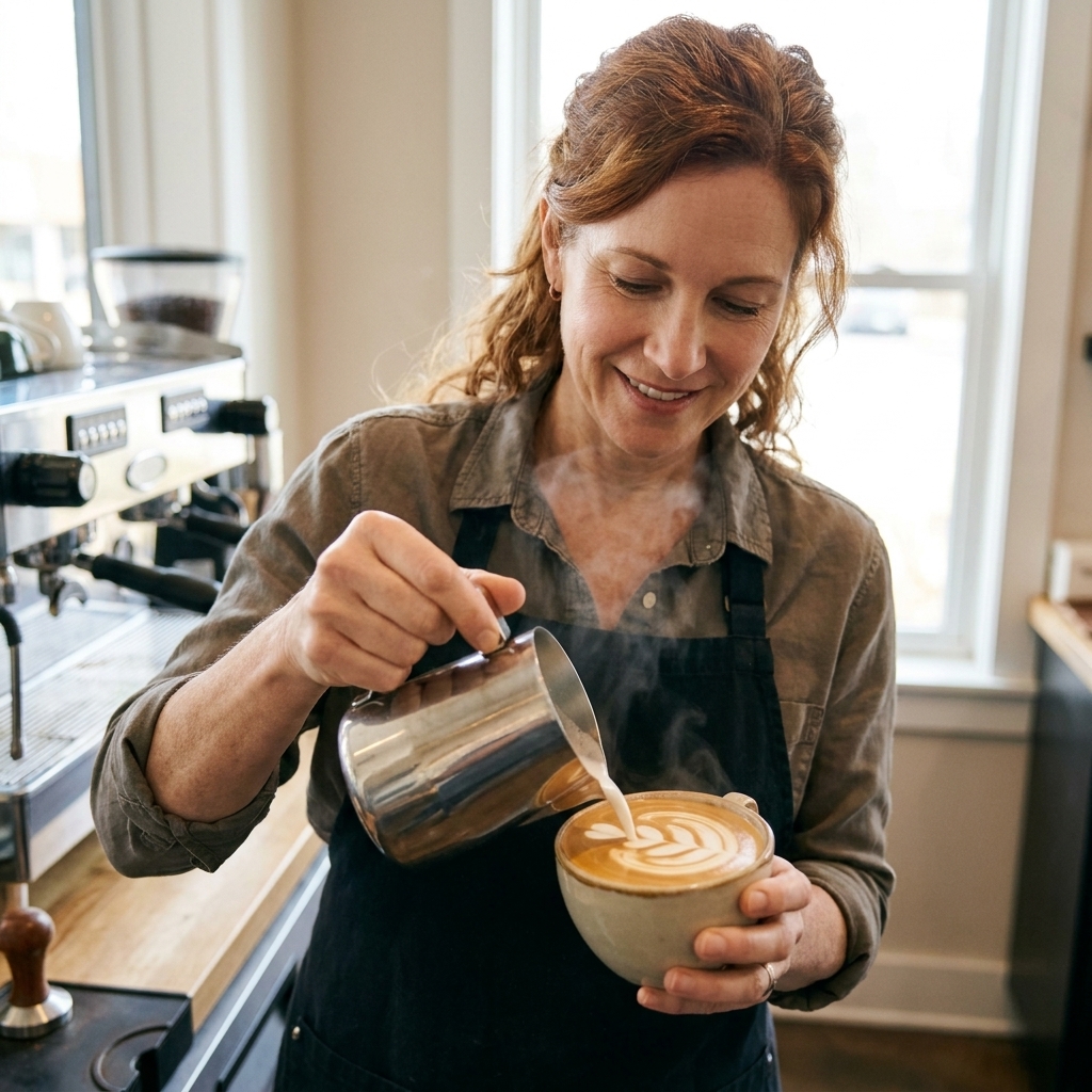 A barista pouring steamed soy milk into espresso, creating a sharp tulip latte art pattern in a ceramic cup