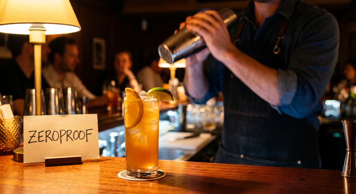 A bartender in a dim cocktail lounge shaking a metal cocktail tin while a nonalcoholic drink with citrus sits on the bar, candid nightlife photography