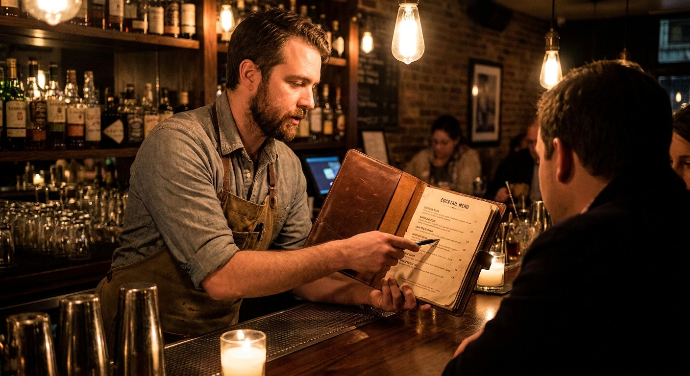 A bartender in a dimly lit bar holding a cocktail list open while pointing to one drink with a pen, candid hospitality scene