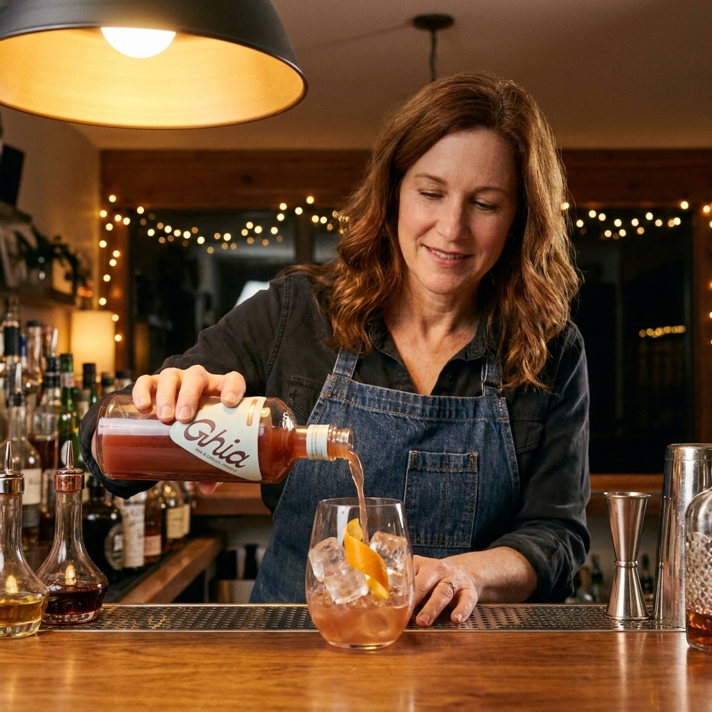 A bartender pouring Ghia non-alcoholic aperitif over ice in a stemless glass with an orange peel on a warmly lit bar