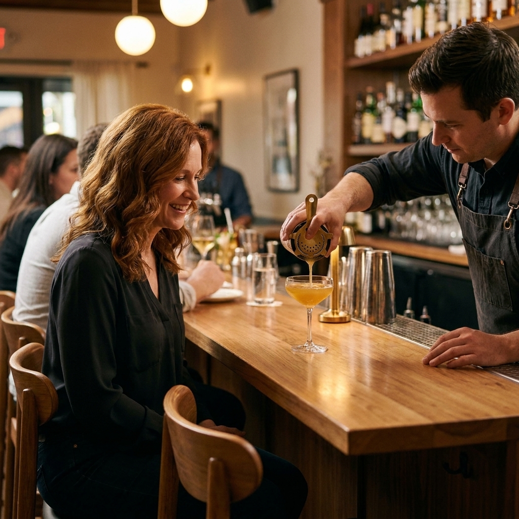 A bartender pouring a cocktail into a stemmed glass while a solo diner watches from a bar stool, restaurant lighting
