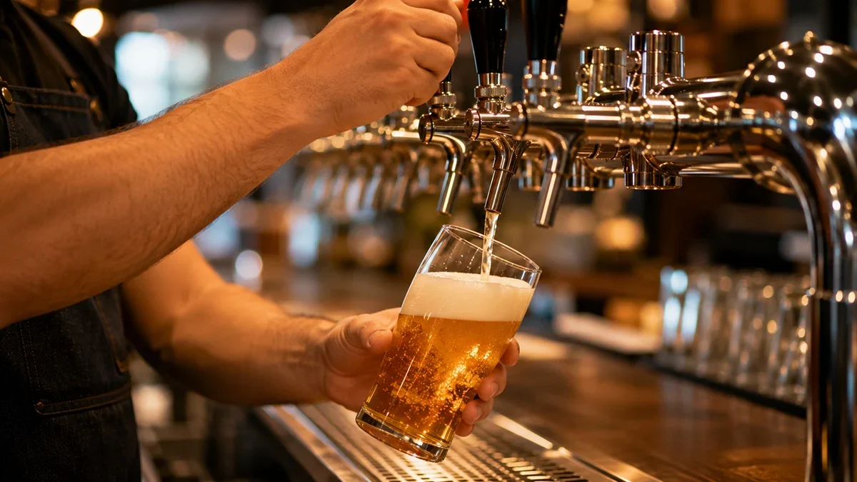 A bartender pouring a golden beer from a tap into a clear pint glass, foam forming at the top, in a lively bar setting