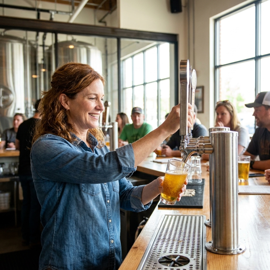A bartender pouring a golden hard cider from a tap into a glass at a busy brewery, with stainless steel tap handles behind the bar