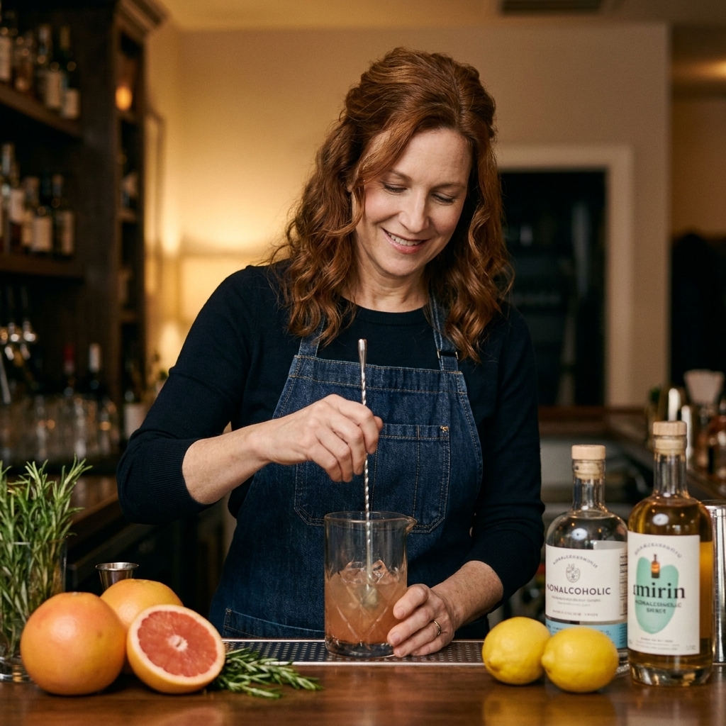 A bartender stirring a nonalcoholic cocktail in a mixing glass at a bar, with fresh citrus and herbs on the counter