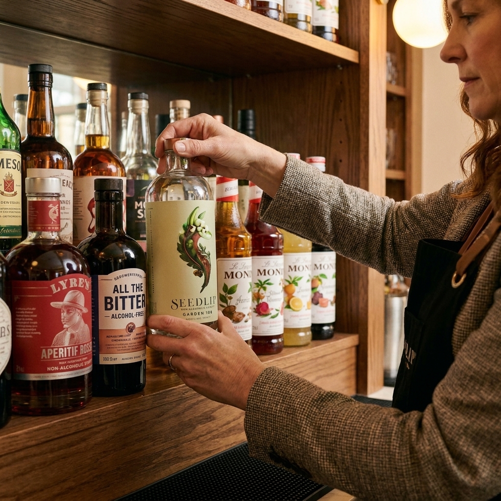 A bartender's hands reaching for a bottle of non-alcoholic spirit on a back bar lined with zero-proof aperitifs, alcohol-free bitters-style bottles, and syrups