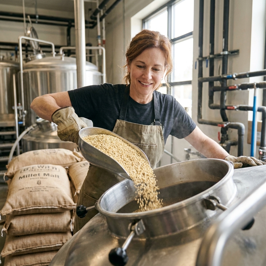 A brewer holding a scoop of pale millet malt over a stainless steel mash tun in a working brewery, with grain sacks stacked nearby