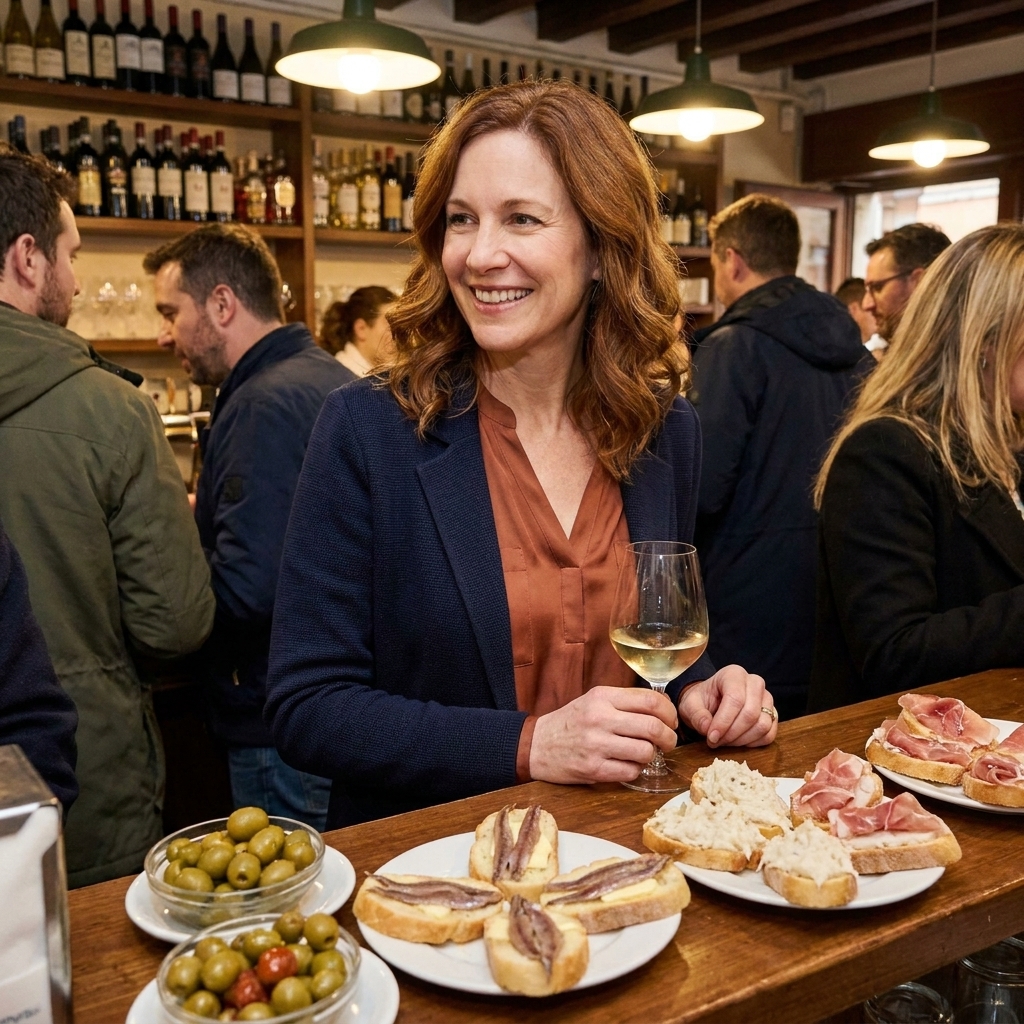 A bustling Venetian bacaro counter with small plates of cicchetti like marinated olives, anchovies, and crostini lined up beside stemmed glasses of wine.