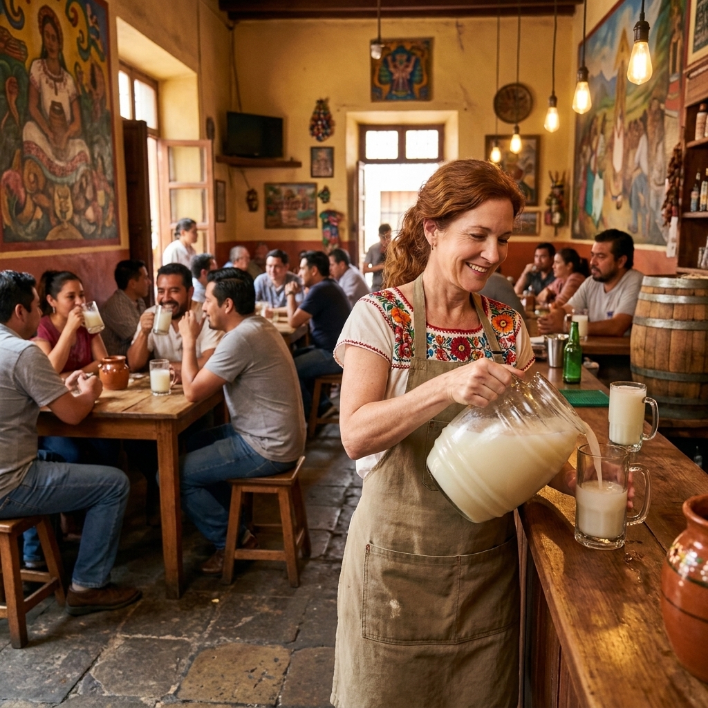 A busy Mexico City pulqueria with a bartender pouring a pale, cloudy pulque into glass mugs, patrons seated at simple tables