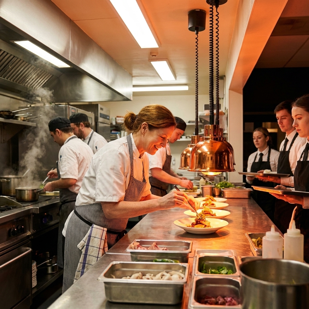 A busy restaurant kitchen during dinner service with cooks plating dishes under heat lamps and servers waiting at the pass