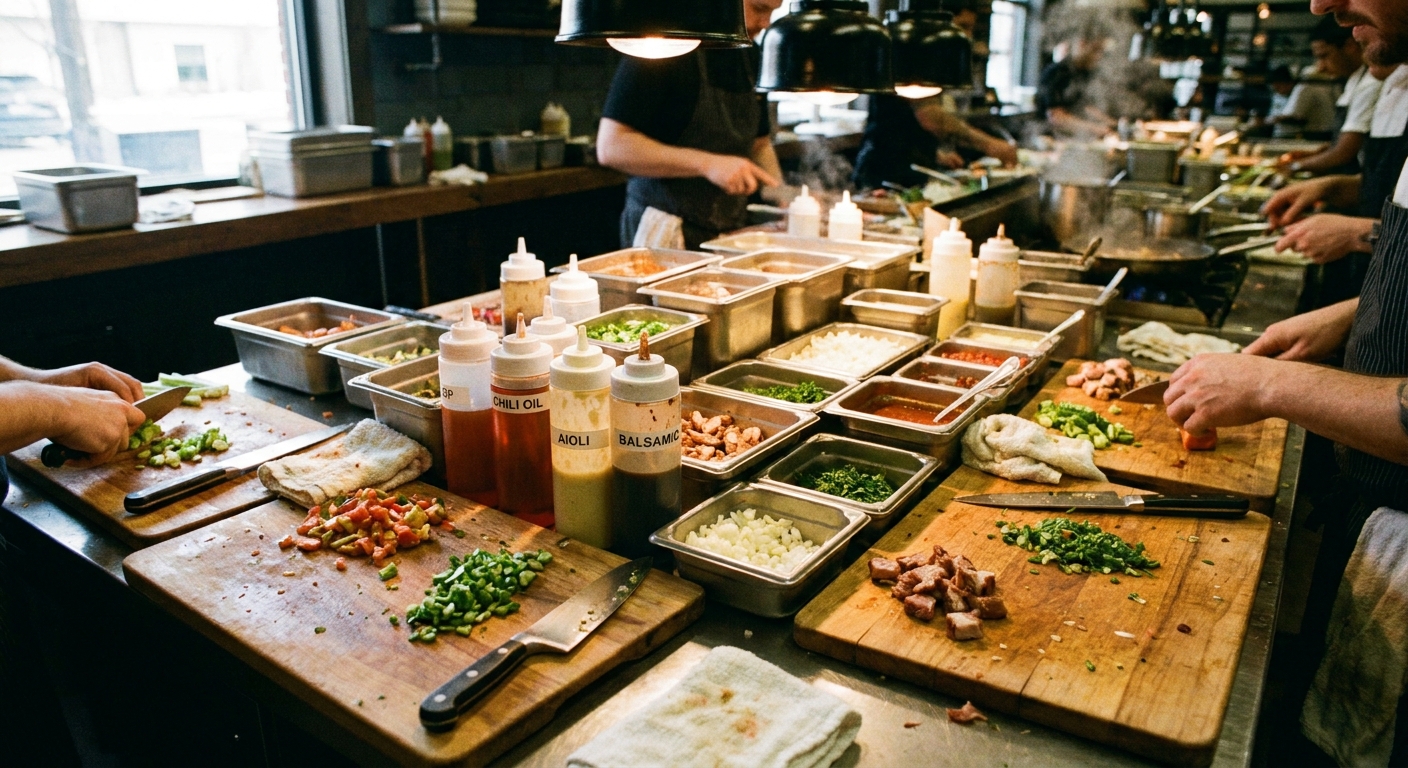 A busy restaurant prep counter with cutting boards, squeeze bottles, and metal pans arranged for service