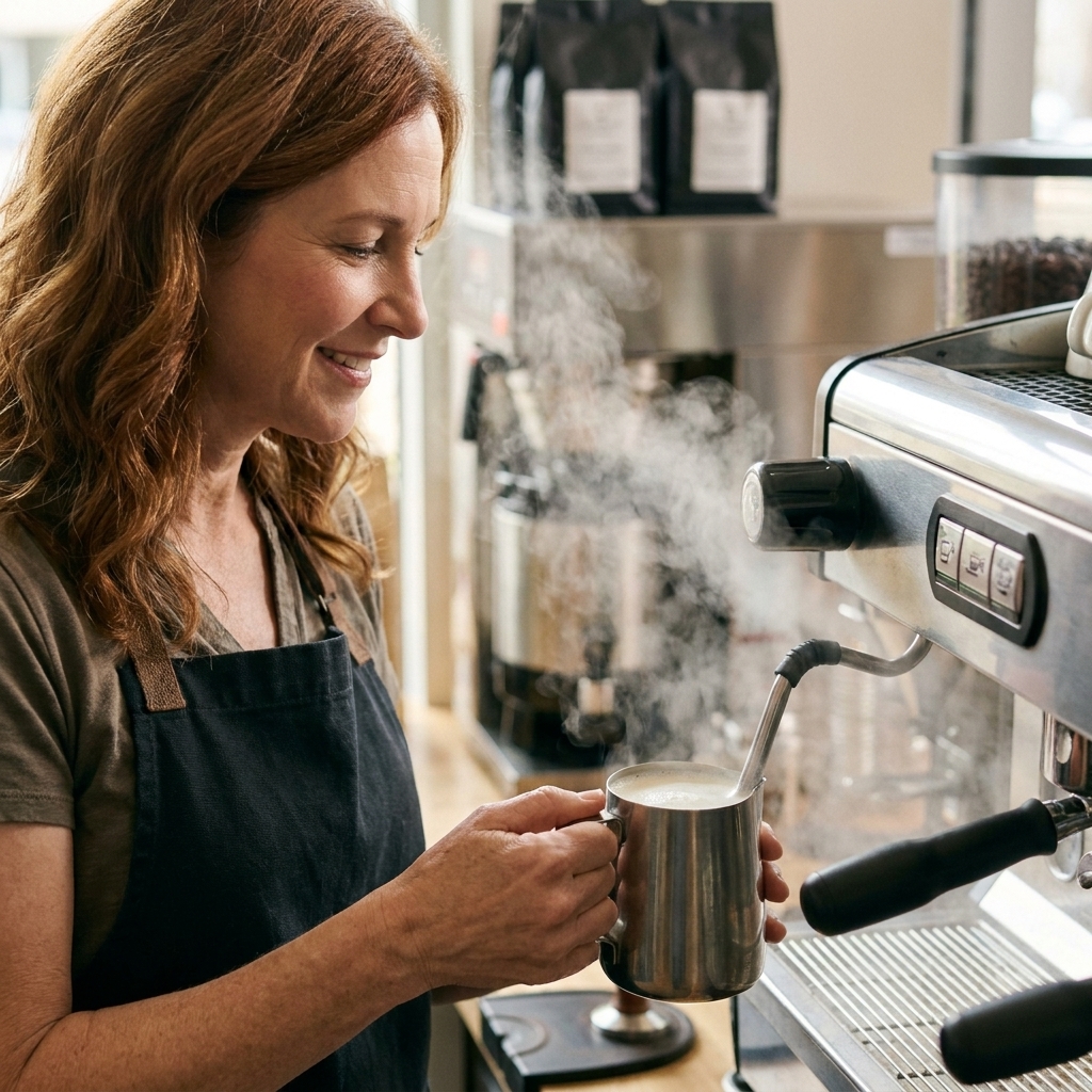 A café barista steaming oat milk in a stainless steel pitcher at an espresso machine, with glossy microfoam forming at the surface