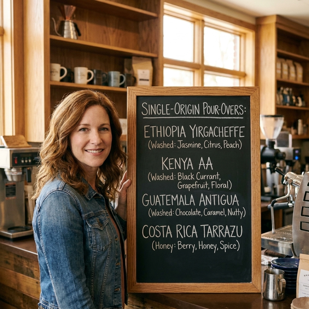 A chalkboard menu inside a specialty coffee shop listing several single-origin coffees with origin regions, processing methods, and tasting notes