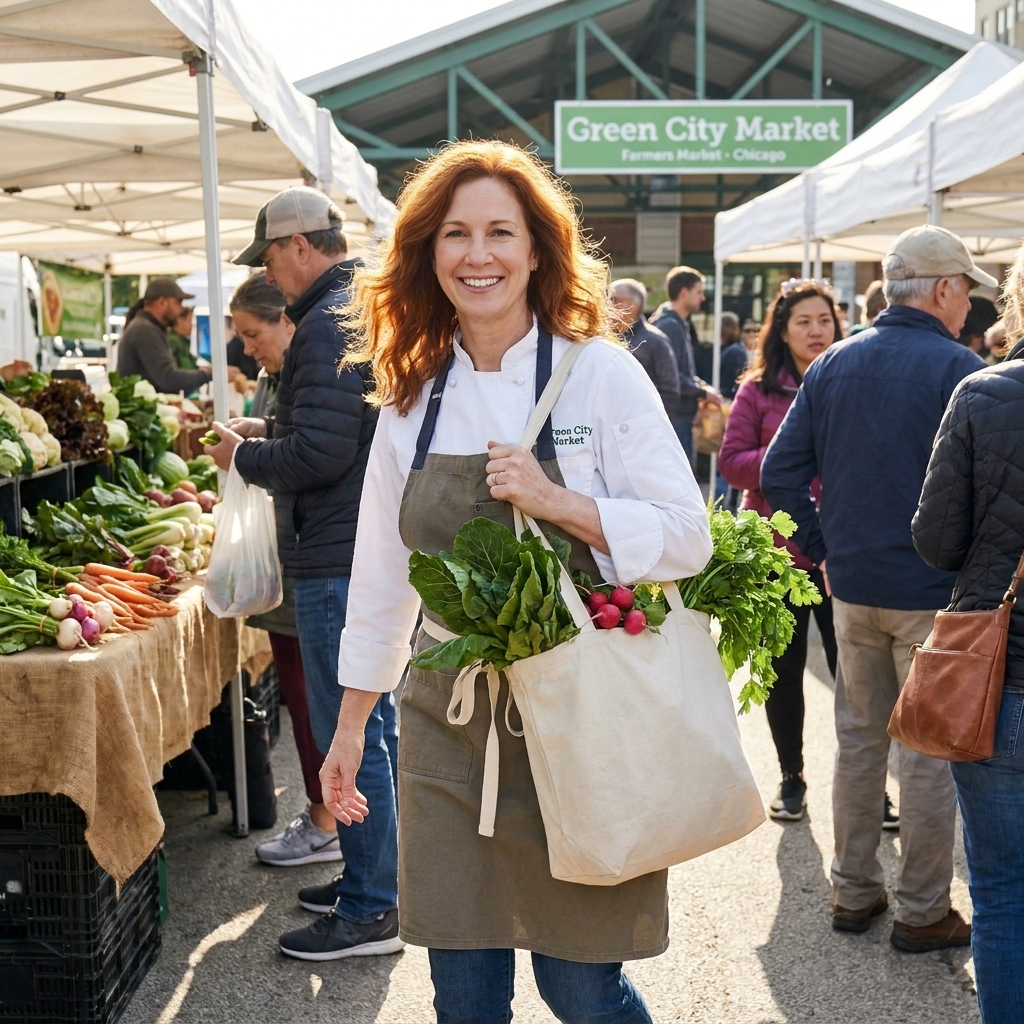 A chef carrying a tote bag of produce while shopping at a busy outdoor farmers market in Chicago on a sunny morning