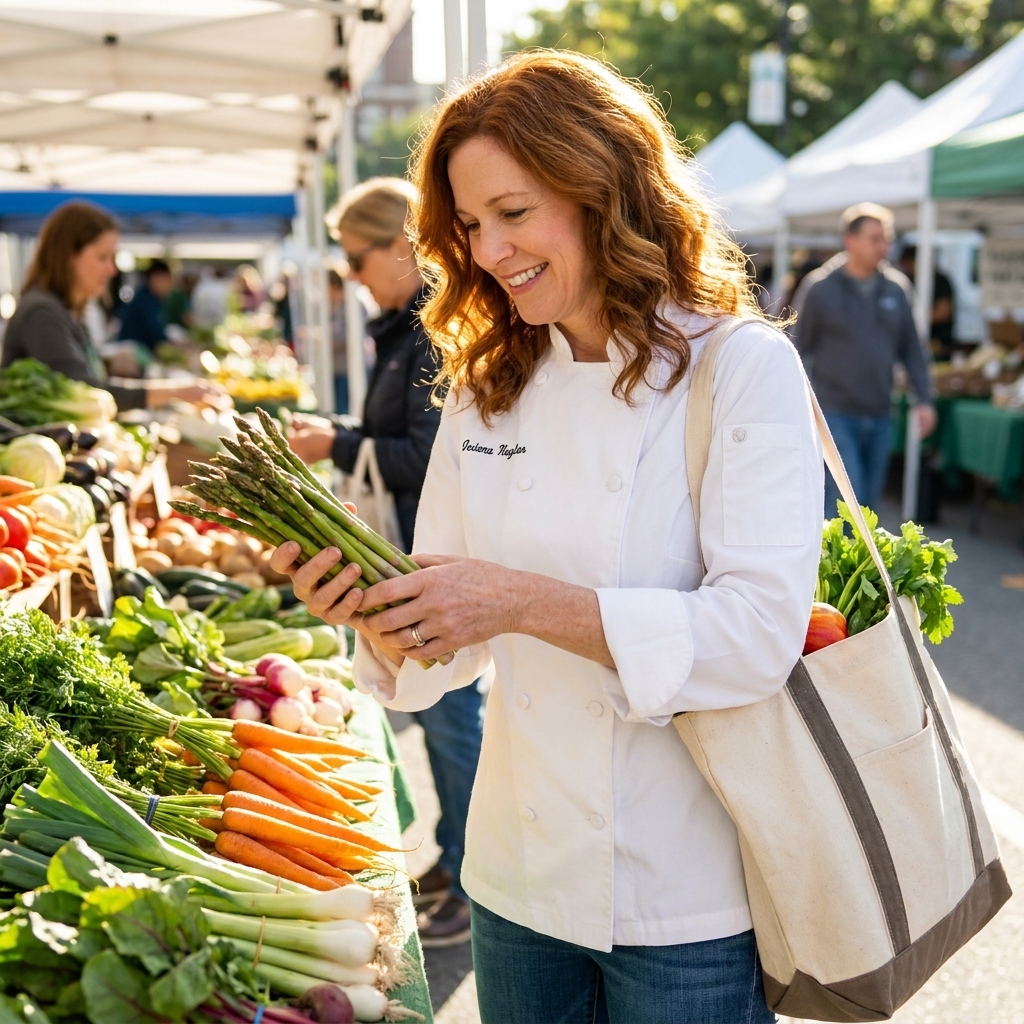 A chef carrying a tote bag while selecting seasonal vegetables from a farmers market stand on a sunny morning
