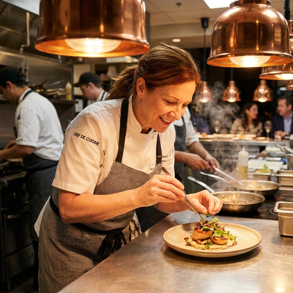 A chef in a busy open kitchen carefully plating a finished dish under warm service lights