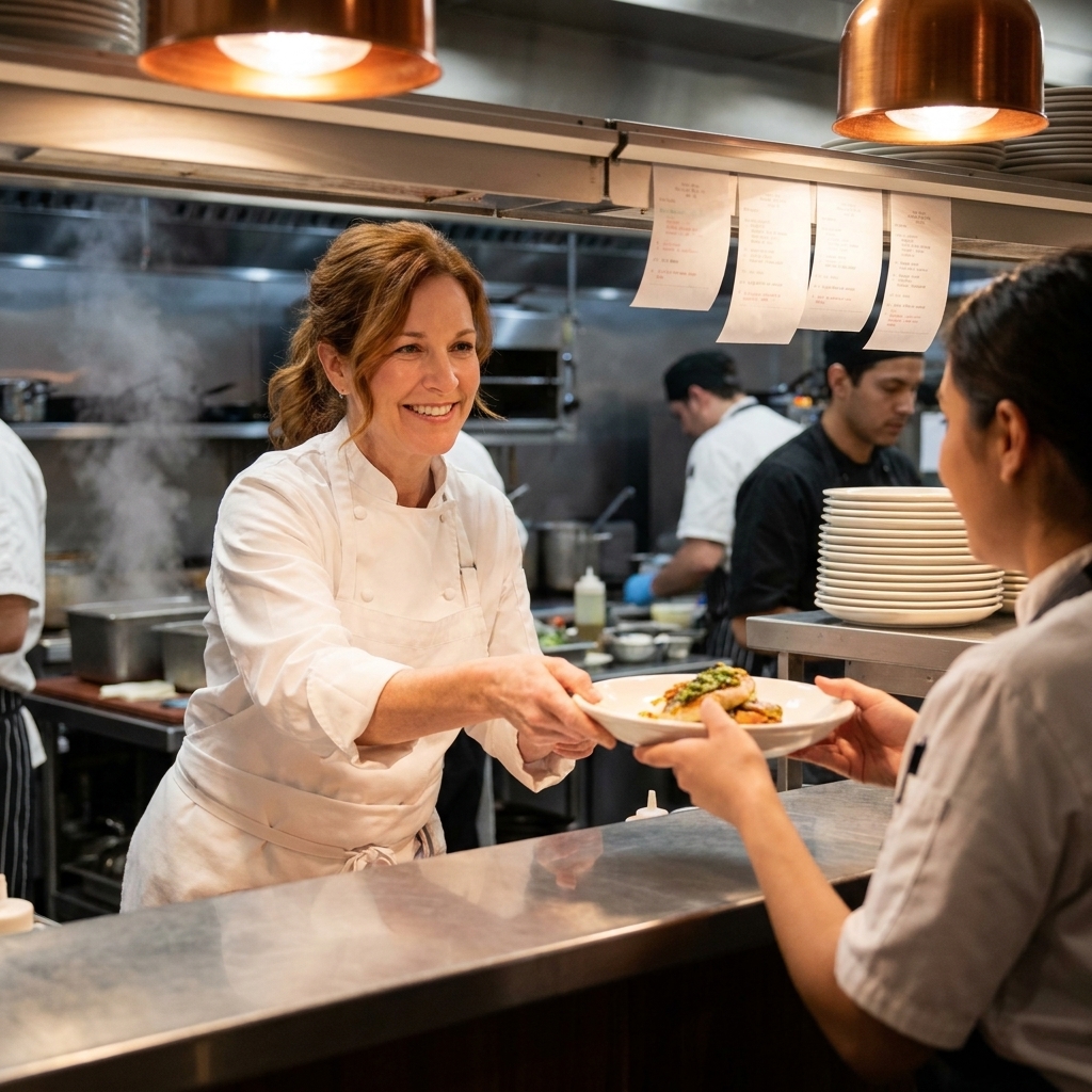 A chef in a white coat handing a finished plate to a server at the pass during a busy dinner service, both focused and communicating clearly