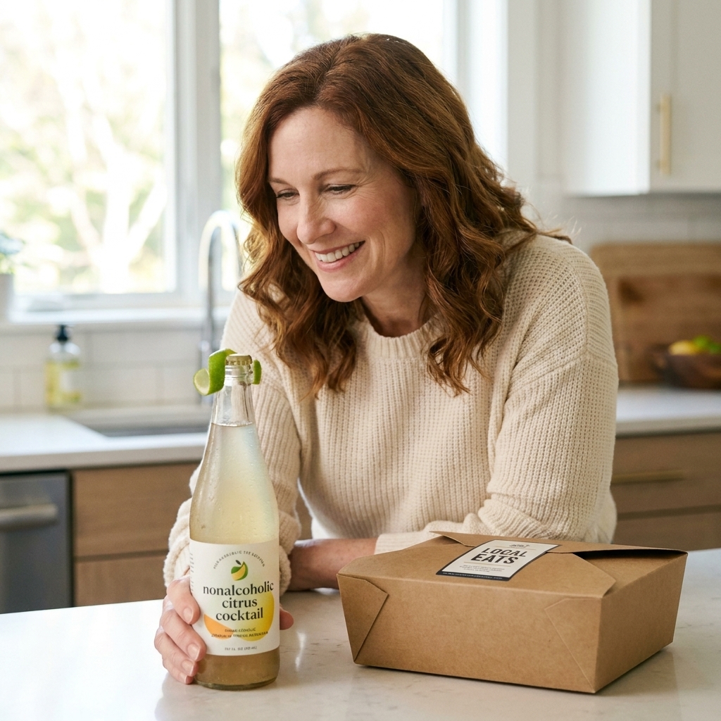 A chilled bottled nonalcoholic cocktail with a citrus garnish beside a neatly packed takeout meal on a kitchen counter