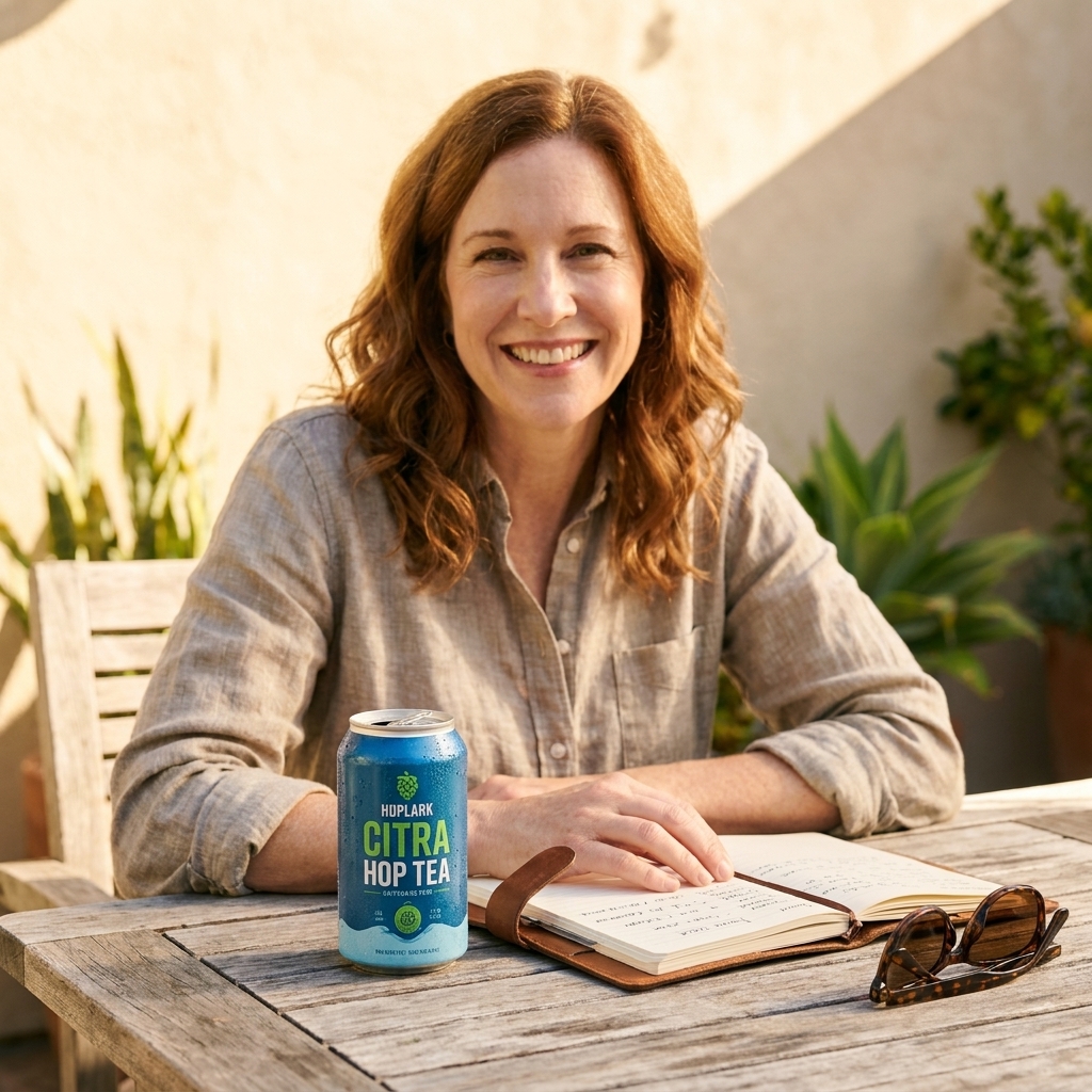 A chilled can of Hoplark sparkling hop tea on a patio table beside a notebook and sunglasses in bright afternoon light