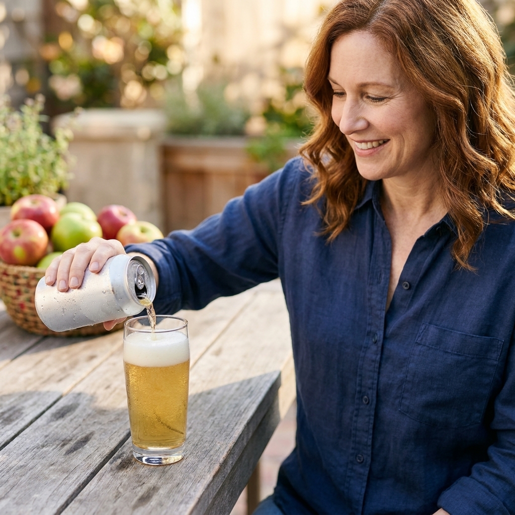 A chilled hard cider being poured from a can into a tall glass on an outdoor patio table, with apples softly blurred in the background