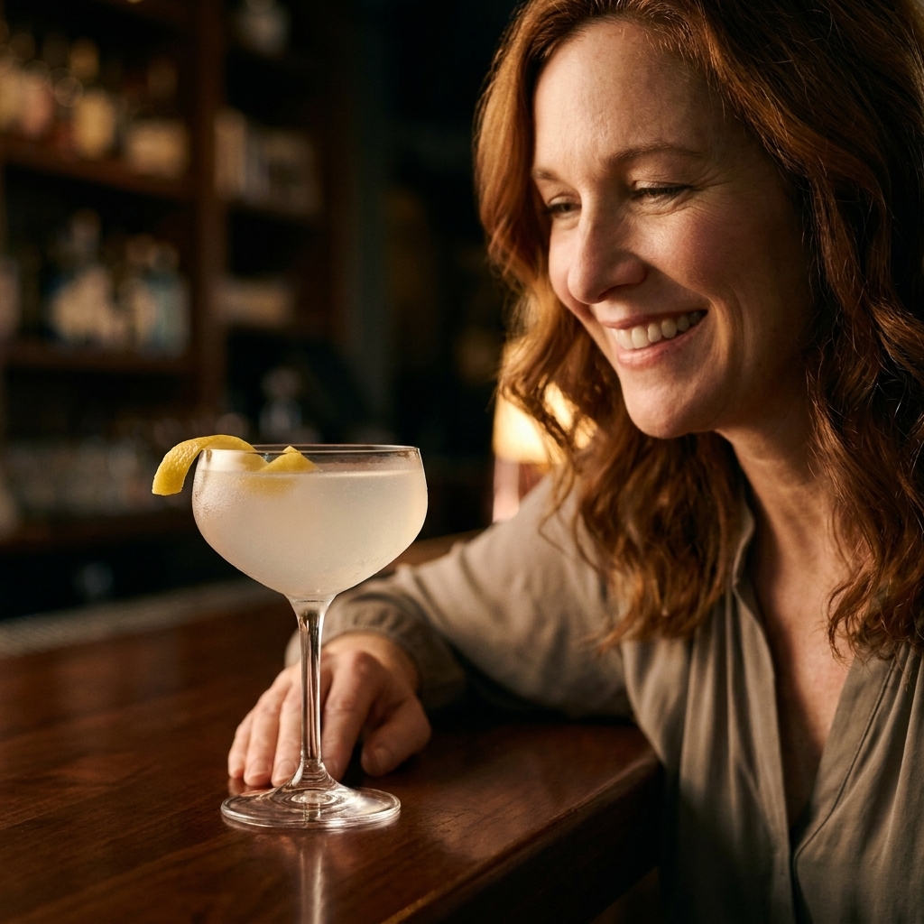 A chilled zero-proof cocktail in a coupe glass with a citrus twist on the rim, sitting on a dark wooden bar with soft ambient lighting