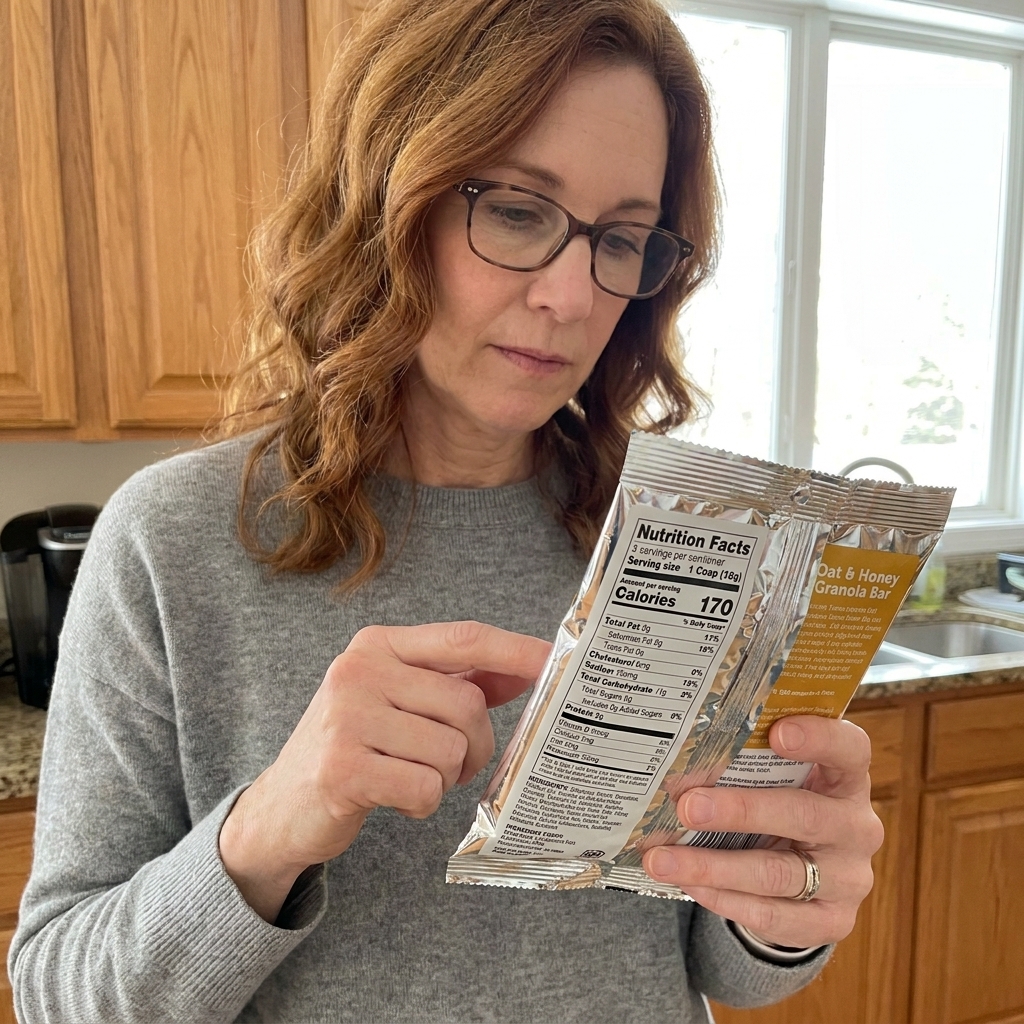 A close-up of hands holding a packaged snack while reading the nutrition facts and ingredients panel in a kitchen