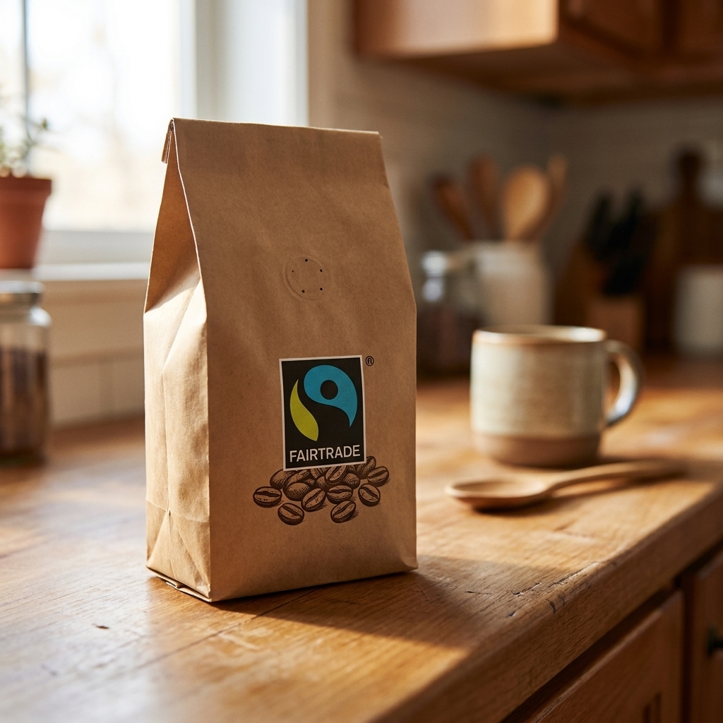 A close-up photo of a coffee bag on a kitchen counter showing a visible Fairtrade certification mark on the packaging