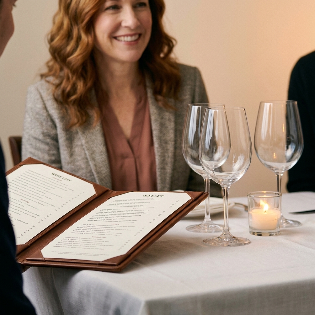 A close-up photograph of a leather-bound restaurant wine list open on a white tablecloth next to two empty stemmed glasses and a candle