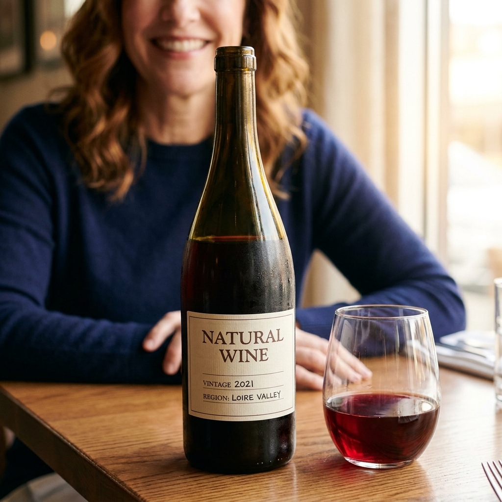 A close-up photograph of a natural wine bottle on a restaurant table, showing a minimalist label with vintage and region visible, next to a filled wine glass