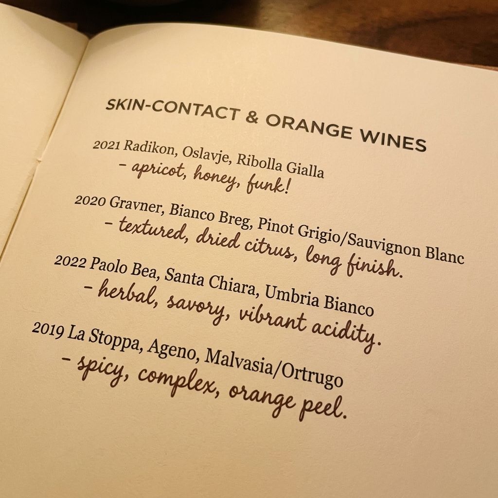 A close view of a restaurant wine list page featuring a section of skin-contact and orange wines with handwritten tasting notes