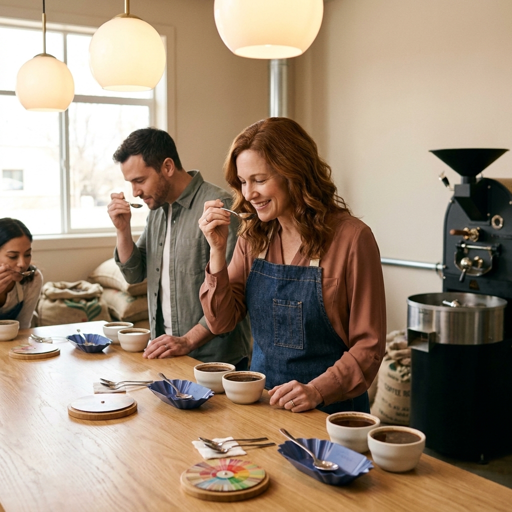 A coffee roaster and team conducting a cupping session at a long table with small bowls of coffee and spoons under warm indoor lighting