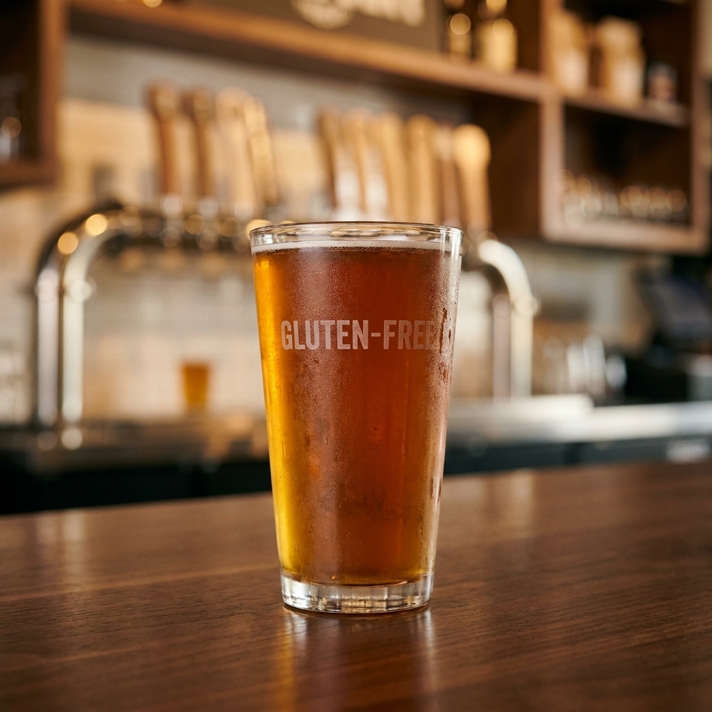 A cold pint of gluten-free craft beer on a brewery bar top with softly blurred taps in the background under warm indoor lighting
