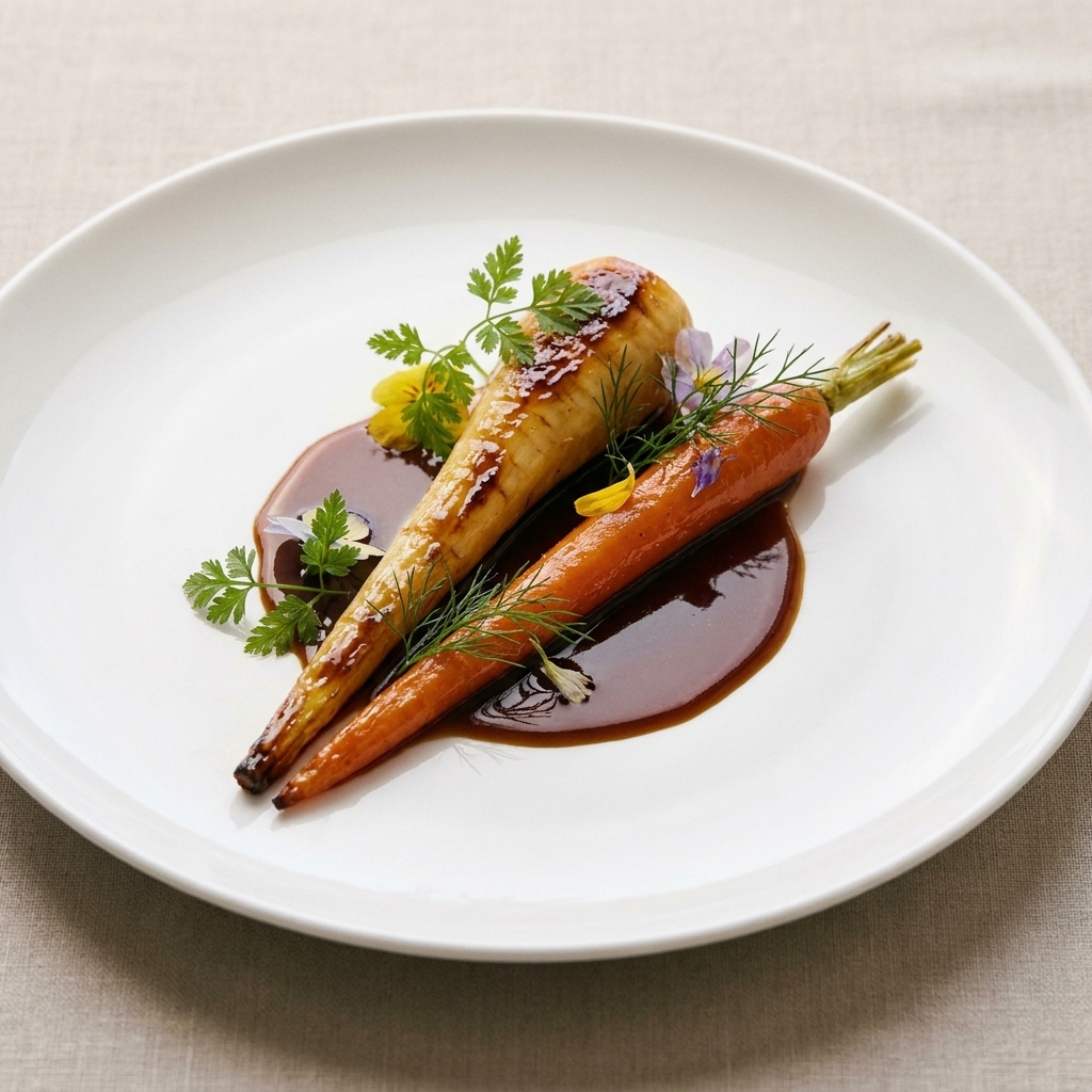 A composed fine-dining plate featuring a glazed roasted root vegetable with delicate herbs and a glossy sauce on minimalist white china