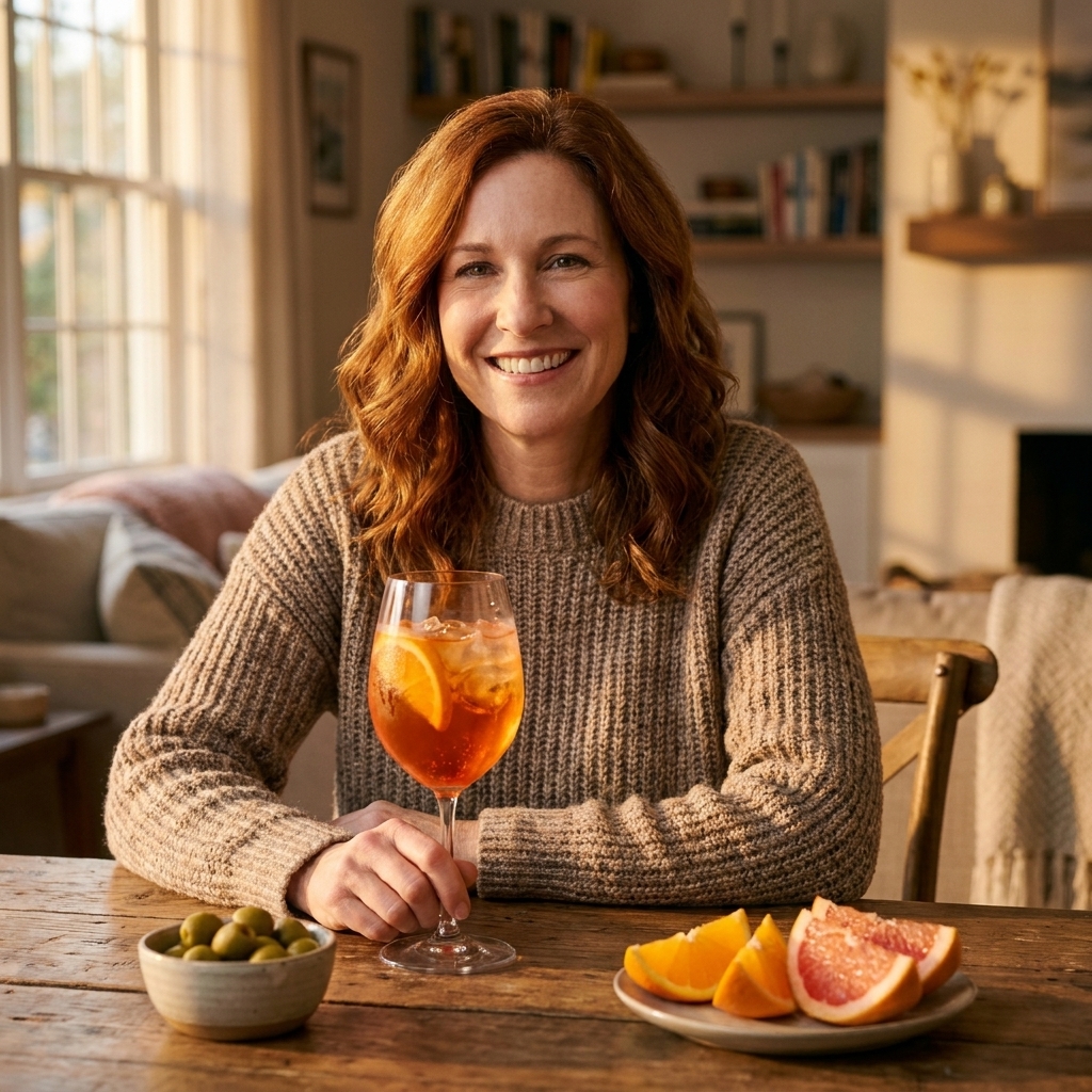 A cozy home table with a single orange spritz in a wine glass, a small bowl of green olives, and a plate of citrus wedges in warm evening light.