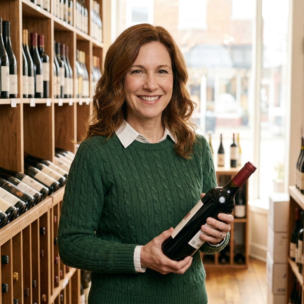 A cozy independent wine shop aisle with neatly arranged bottles on wooden shelves and soft natural light from the storefront