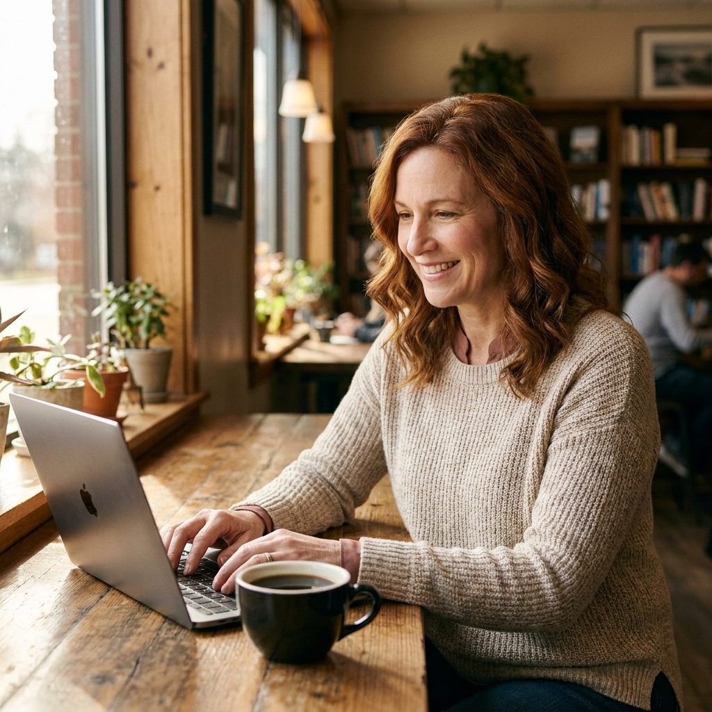 A cozy specialty coffee shop seating area with a person working on a laptop at a wooden table, a ceramic cup of black coffee nearby, and warm natural light coming through a window