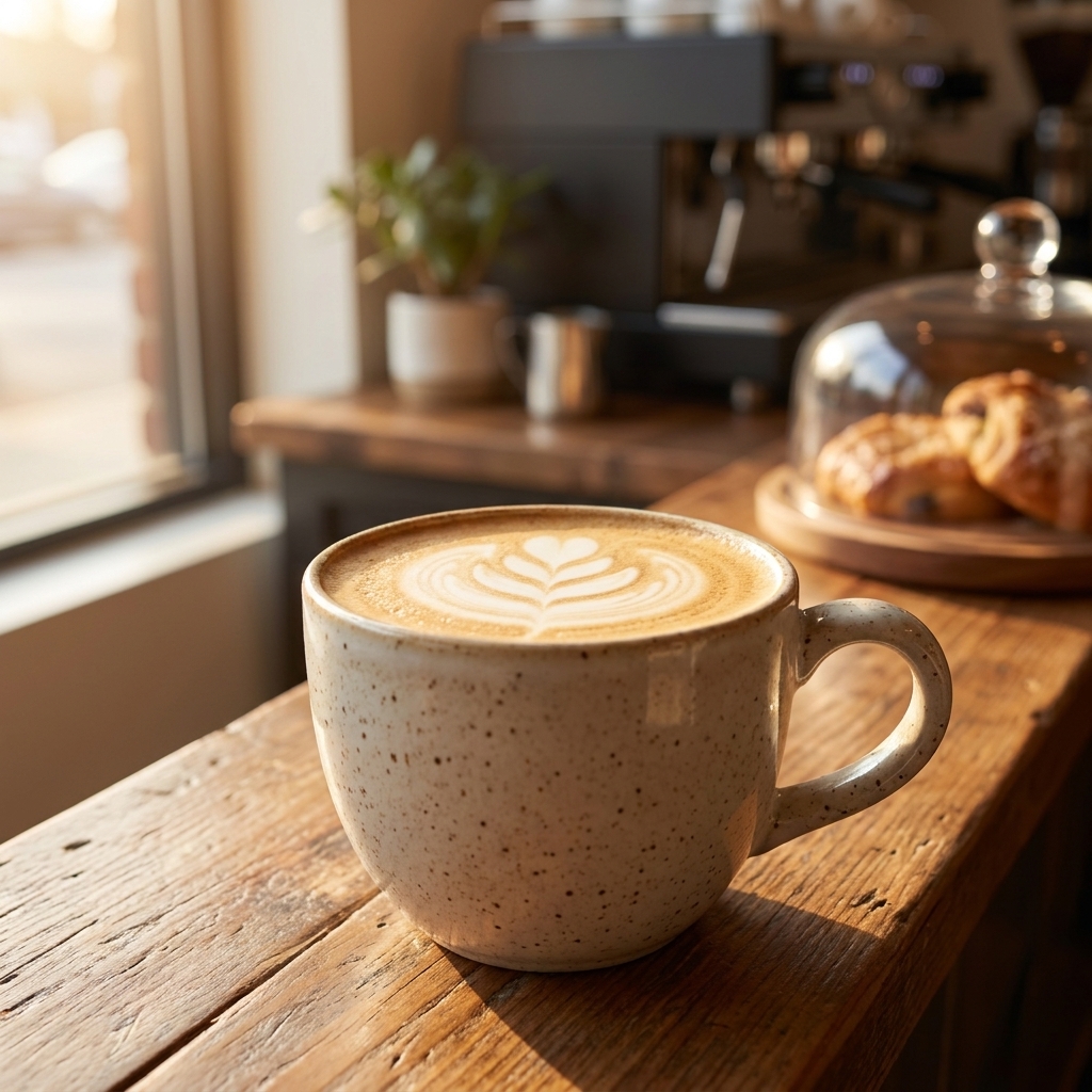 A creamy macadamia milk latte in a ceramic mug on a café counter, with soft microfoam and warm natural lighting