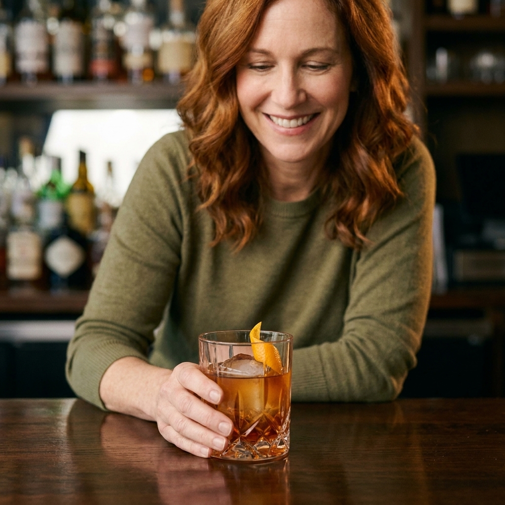 A crystal rocks glass filled with an amber non-alcoholic cocktail over a large ice cube, garnished with an expressed orange peel, on a wooden bar top