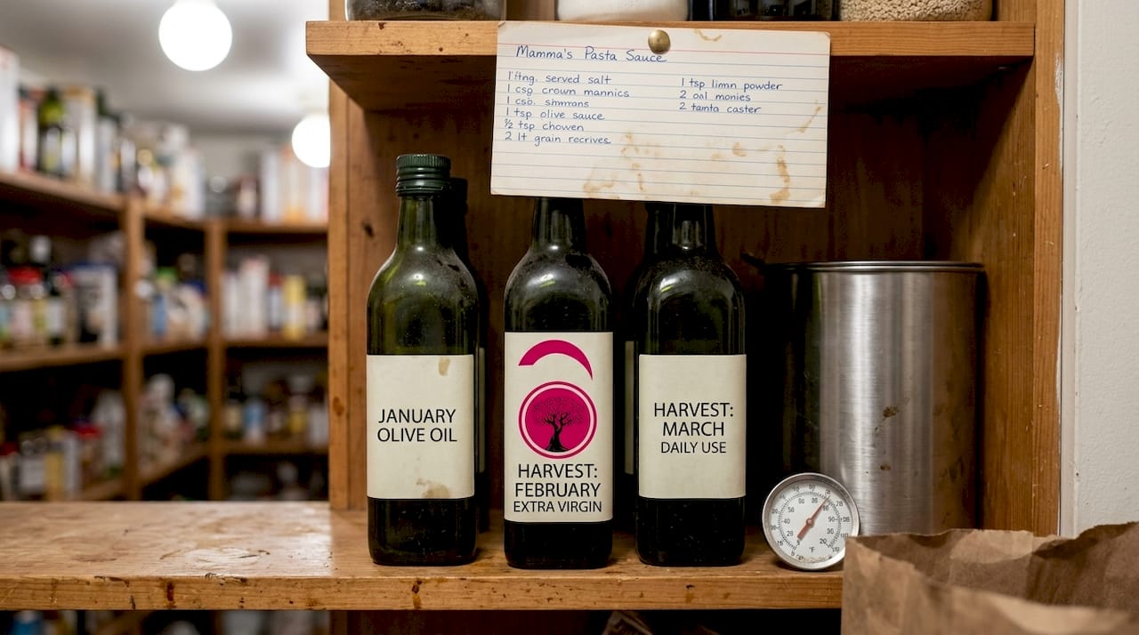 A dark glass bottle of extra virgin olive oil stored upright inside a kitchen cabinet away from heat and sunlight