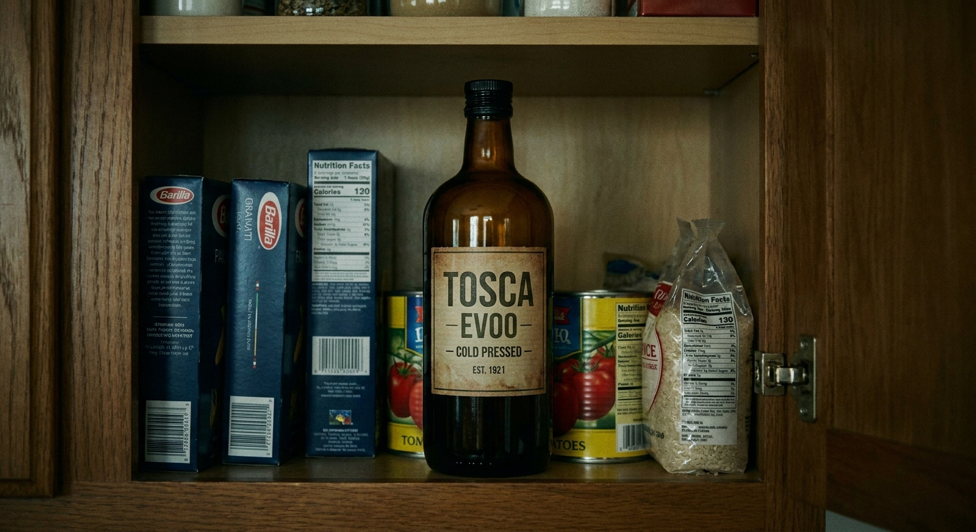 A dark glass bottle of olive oil stored upright inside a kitchen cabinet away from heat, next to other pantry staples