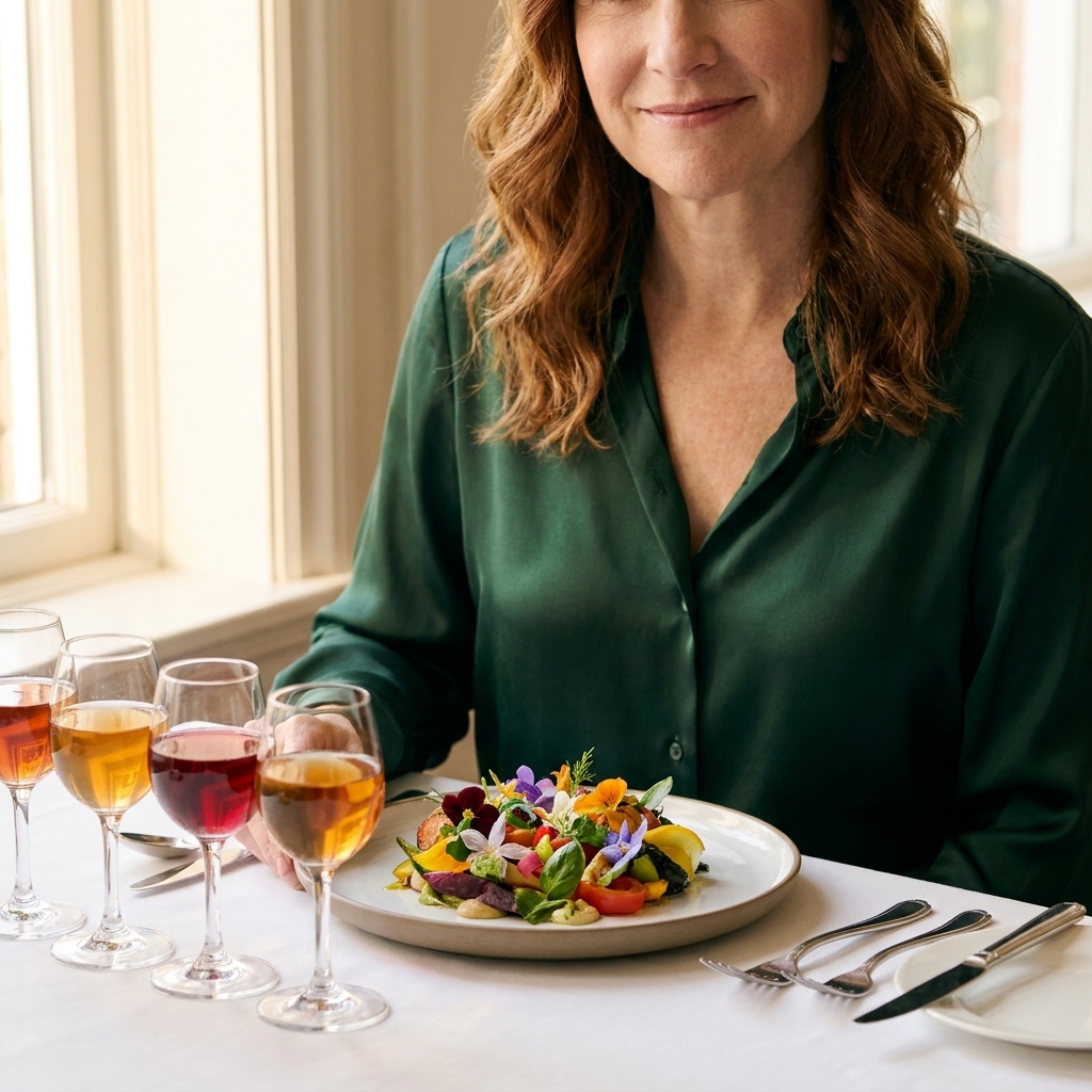 A fine-dining table set with multiple small stemmed glasses filled with amber and ruby non-alcoholic pairings beside a composed plant-based dish