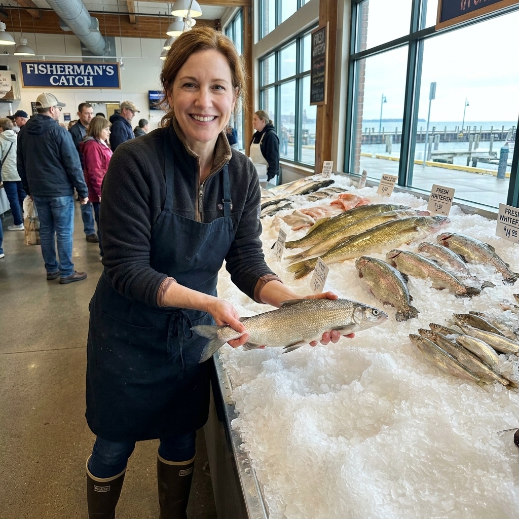 A fishmonger at a Great Lakes-area market holding a fresh whole whitefish over crushed ice, with other fish displayed behind the counter