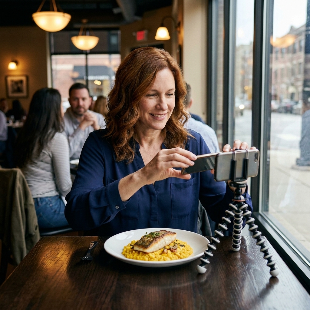 A food creator filming a plated dish at a restaurant table in Chicago, phone on a small tripod with ambient dining room lighting