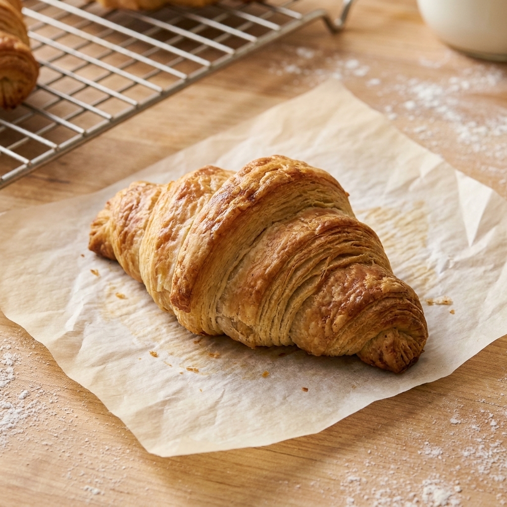 A freshly baked gluten-free croissant on parchment paper with visible flaky layers and a golden crust on a bakery worktable