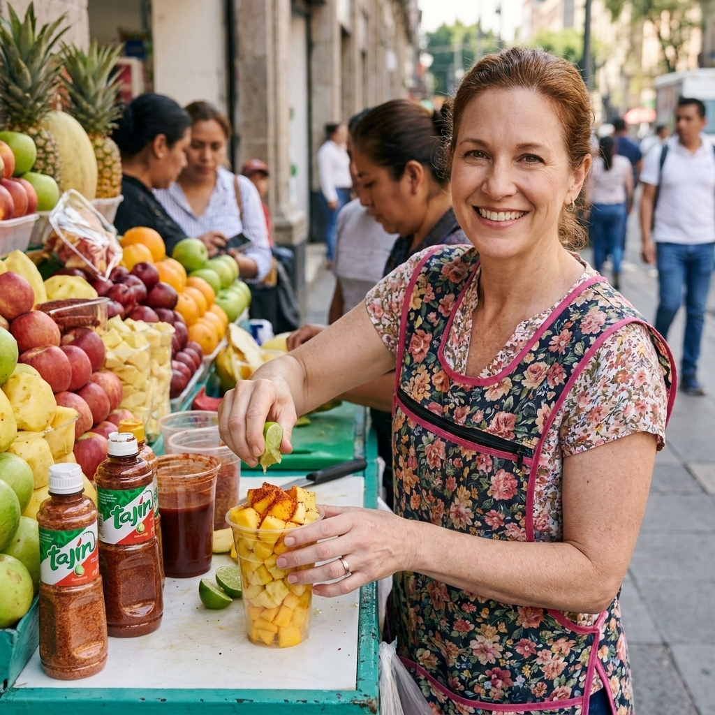 A fruit vendor in Mexico City preparing a cup of mango and pineapple topped with lime and chili seasoning at a busy sidewalk stand