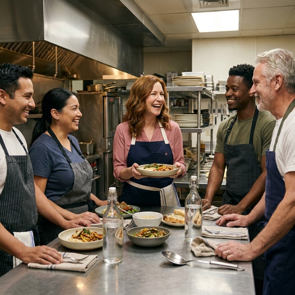 A group of restaurant staff standing around a kitchen counter sharing a family meal after service, with reusable plates and minimal disposable items visible