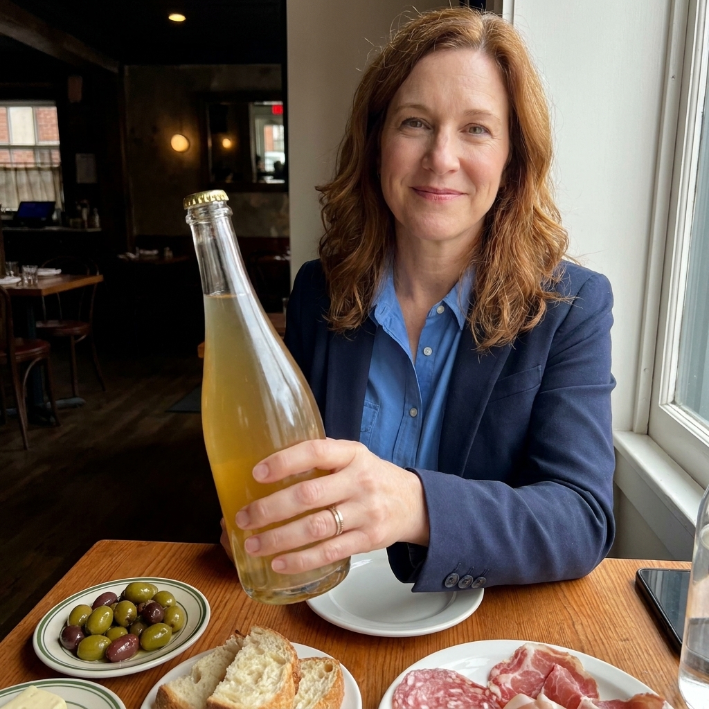 A hand holding an unopened pét-nat bottle with a crown cap on a restaurant table set with small plates