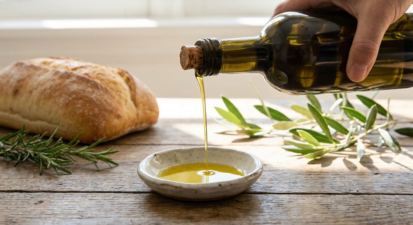 A hand pouring a thin stream of golden olive oil from a bottle into a small ceramic tasting dish on a wooden table