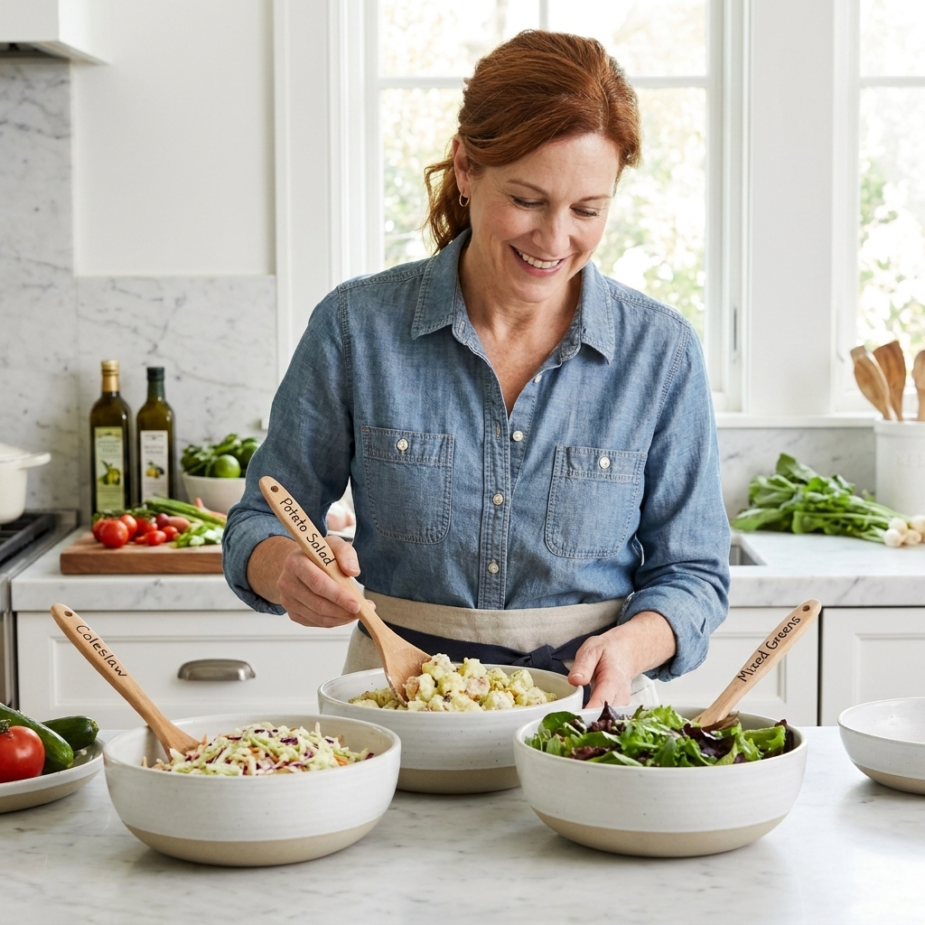 A home cook preparing multiple serving bowls with labeled utensils on a clean kitchen counter before guests arrive